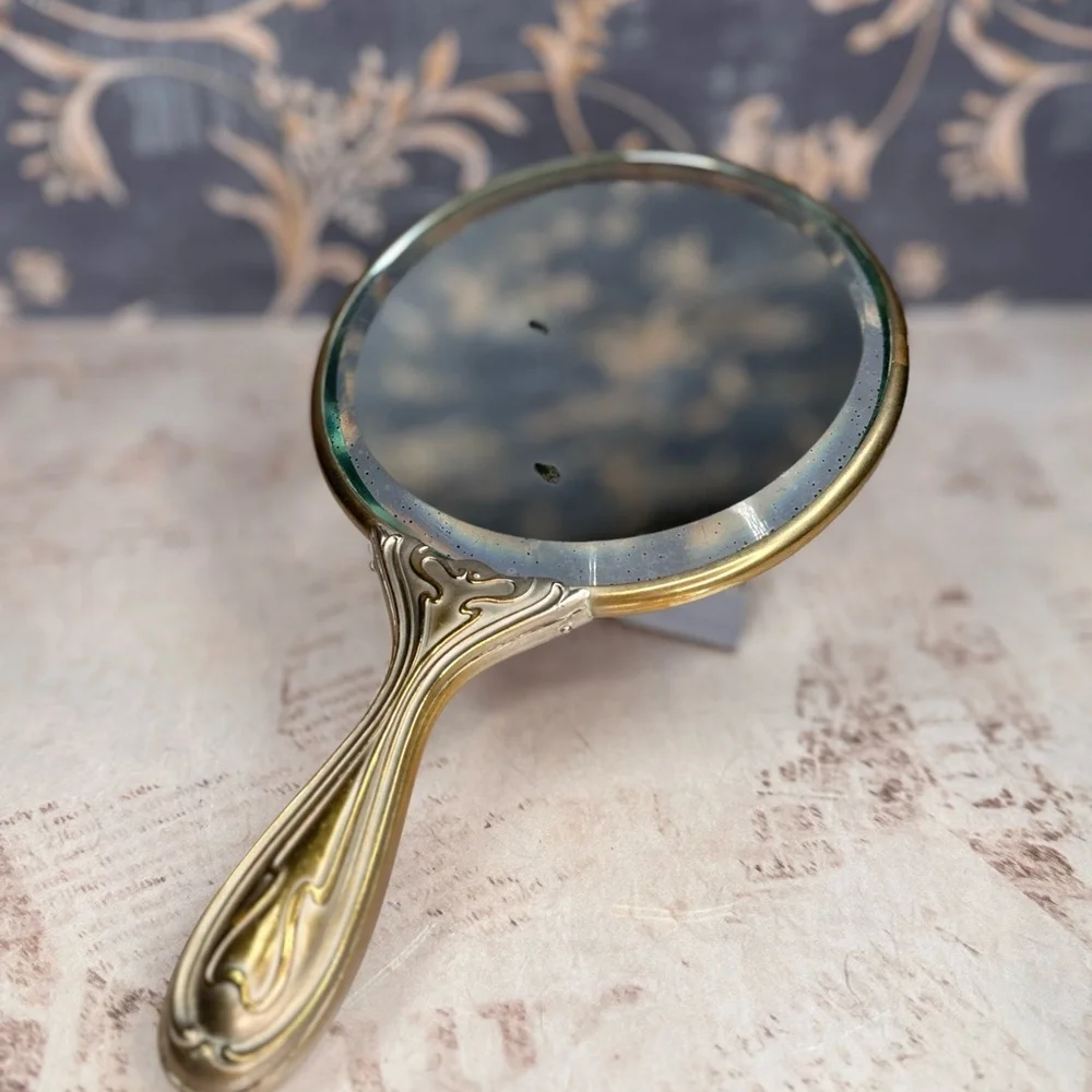 Antique Art Nouveau Repousse Vanity Hand Mirror Maiden Floral
